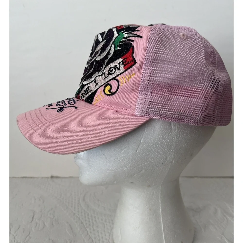 VTG Y2K Ed Hardy Hat Cap Snap Back Mesh Trucker Pink Dedicated Tattoo Denim